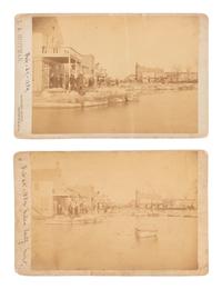 [WESTERN AMERICANA]. 2 cabinet cards ft. aftermath of the Miles City, MT, flood by L.A. Huffman.
