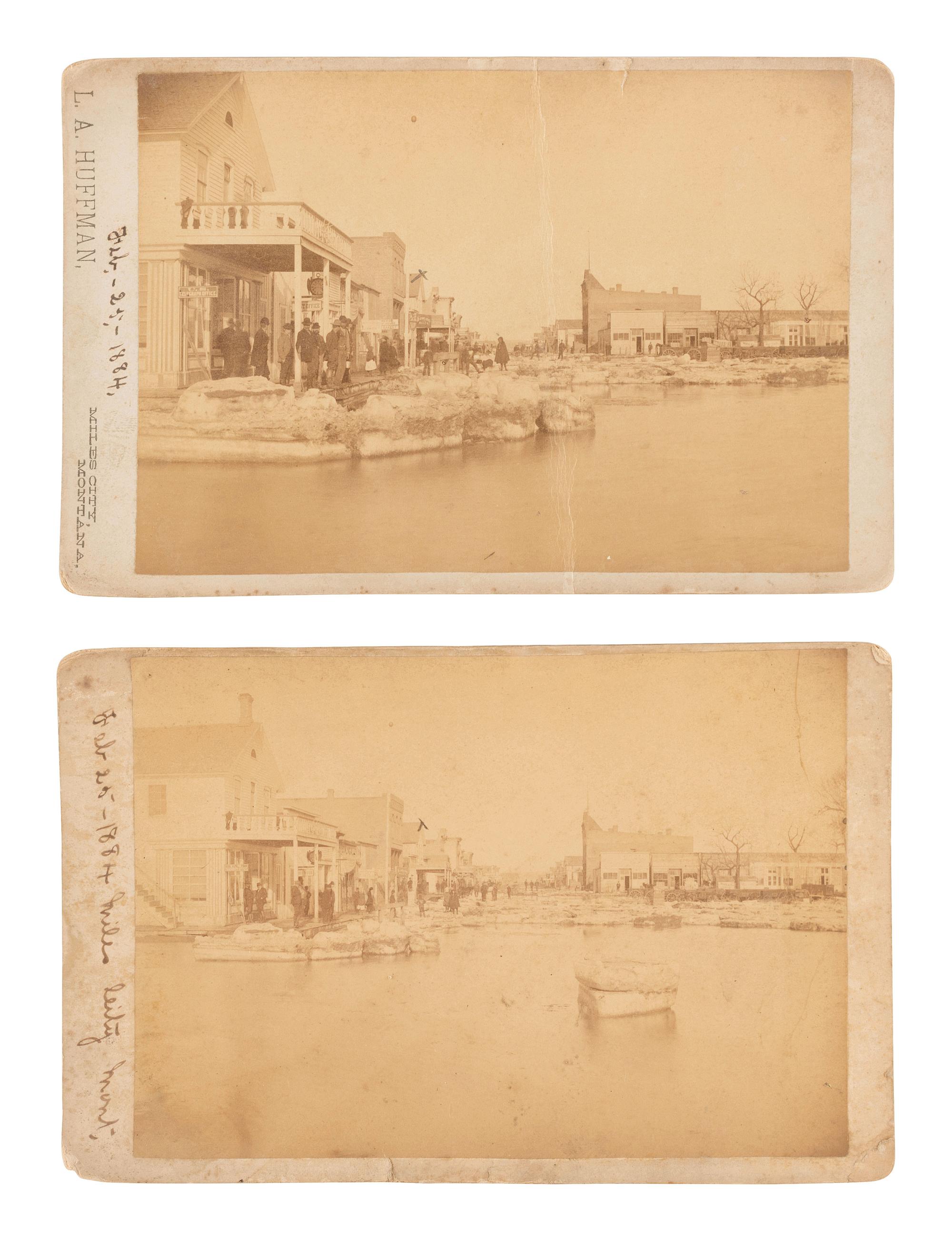 [WESTERN AMERICANA]. 2 cabinet cards ft. aftermath of the Miles City, MT, flood by L.A. Huffman.