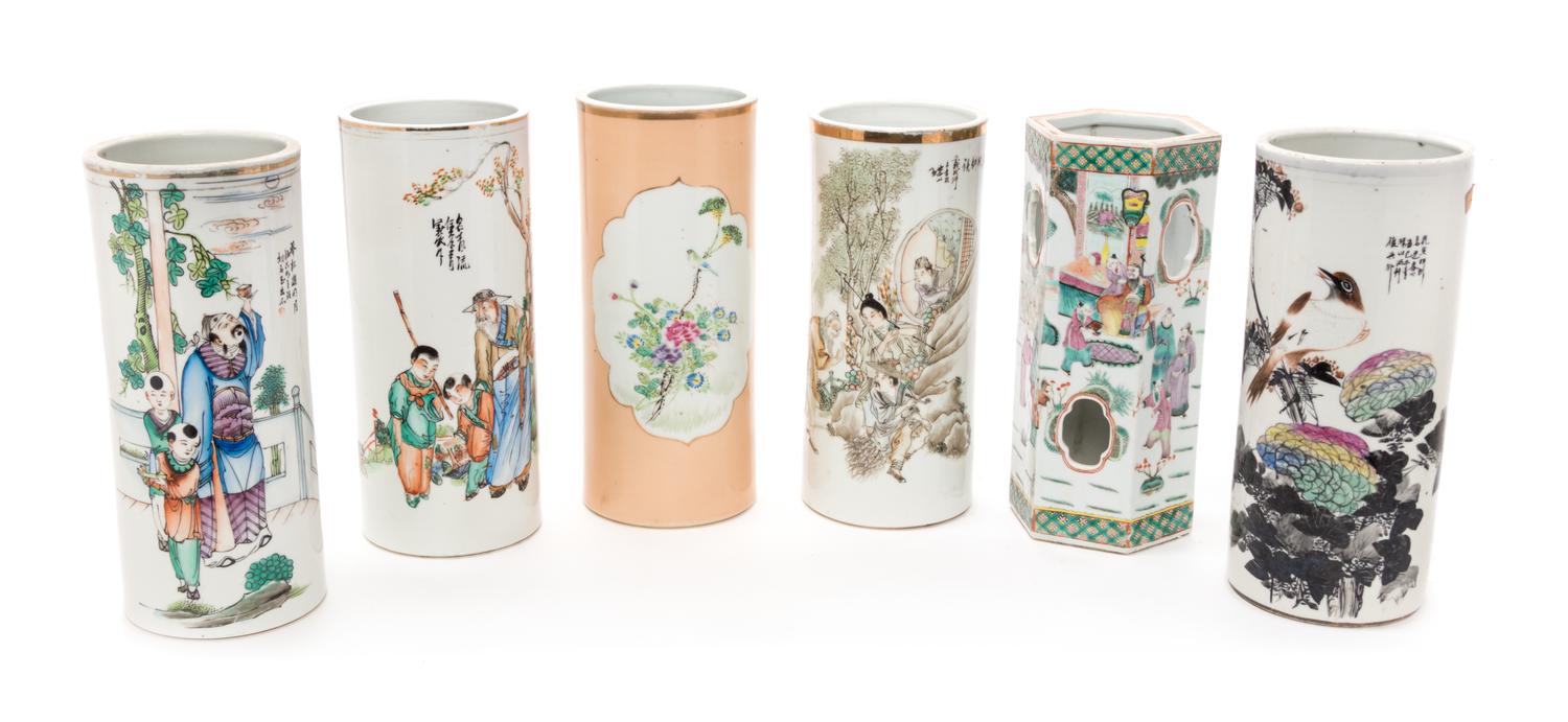 Six Chinese Famille Rose Porcelain Hat Stands Height of tallest 11 inches. — LATE 19TH-20TH CENTURY