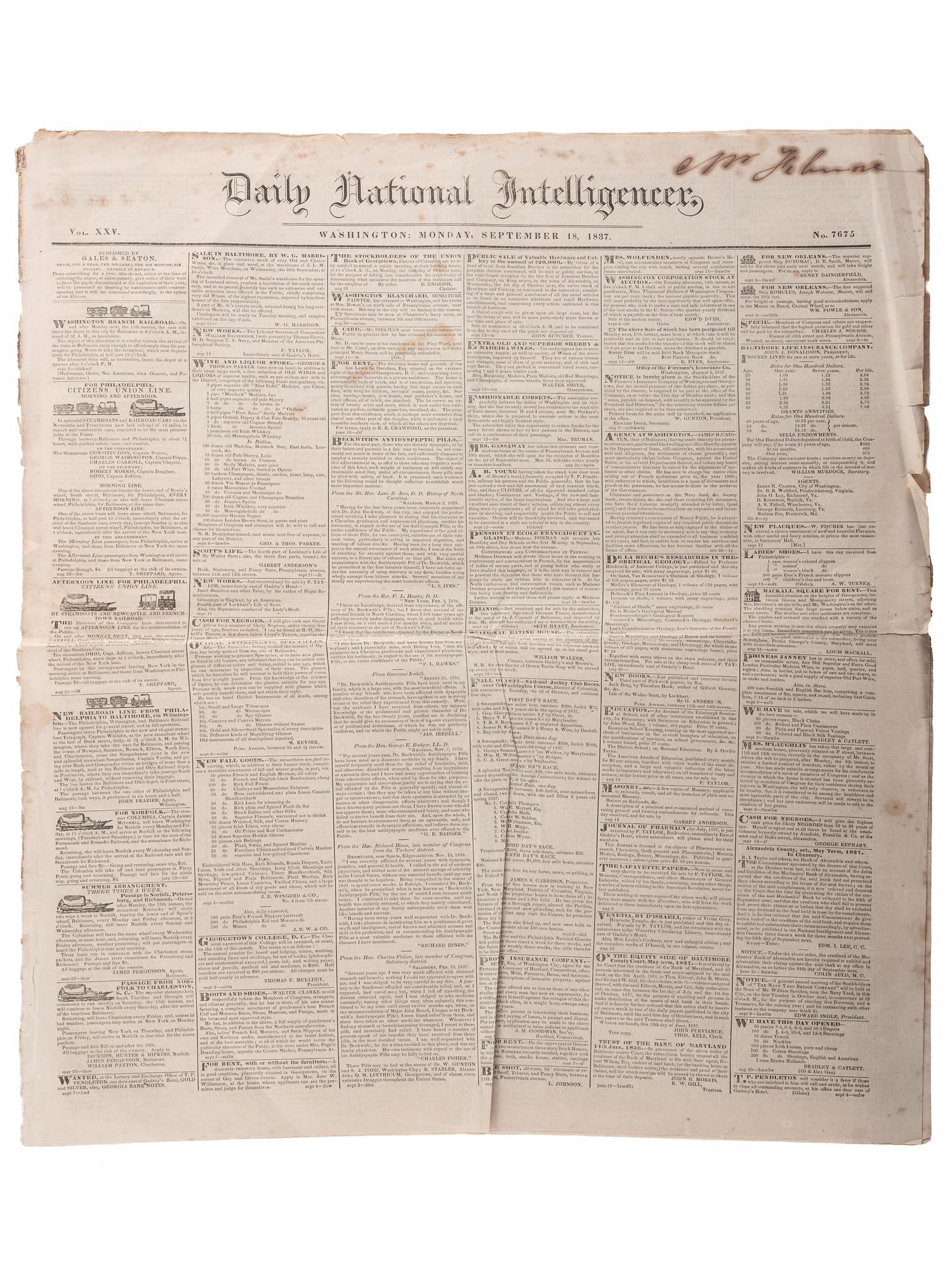[SLAVERY & ABOLITION]. Advertisements for the return of freedom seekers published in 7 issues of The National Intelligencer . Washington, DC: 1831-1858.