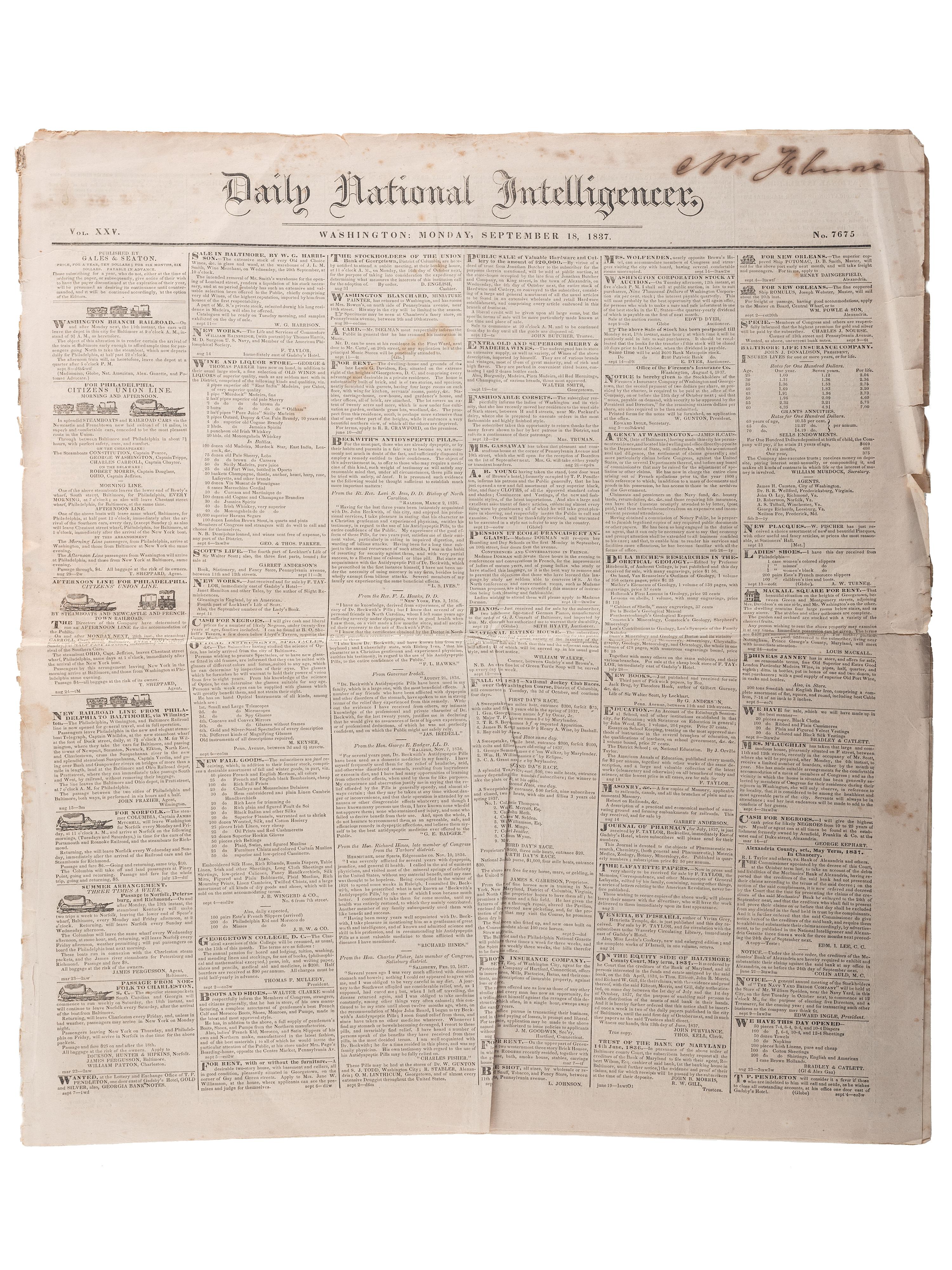 [SLAVERY & ABOLITION]. Advertisements for the return of freedom seekers published in 7 issues of The National Intelligencer . Washington, DC: 1831-1858.