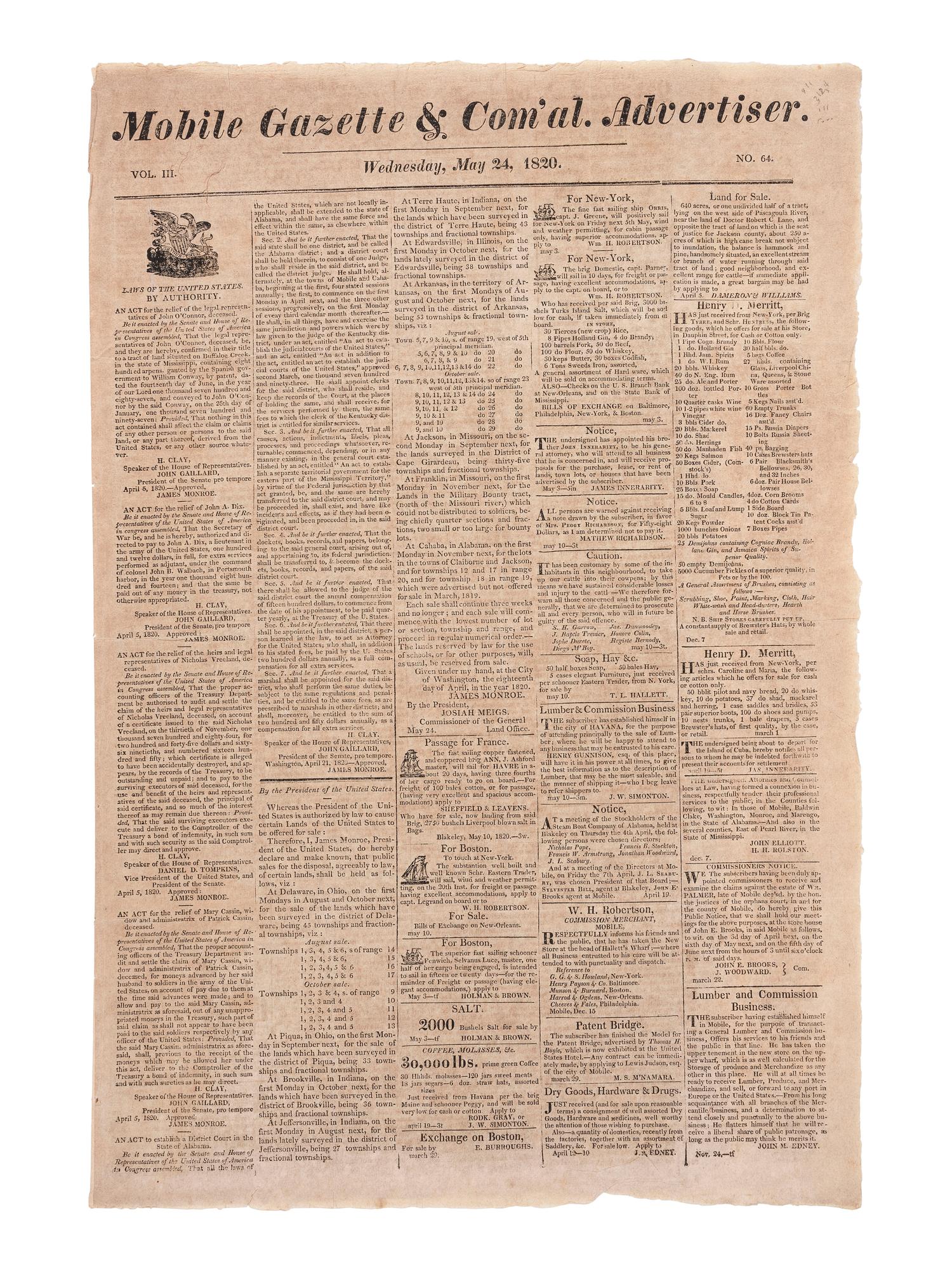 [ALABAMA STATEHOOD - AFRICAN AMERICANA]. Mobile Gazette & Commercial Advertiser. Vol. III, No. 64. Mobile, AL: 24 May 1820.