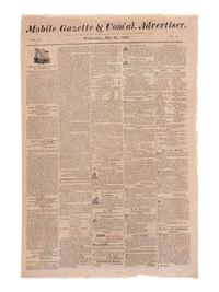 [ALABAMA STATEHOOD - AFRICAN AMERICANA]. Mobile Gazette & Commercial Advertiser. Vol. III, No. 64. Mobile, AL: 24 May 1820.