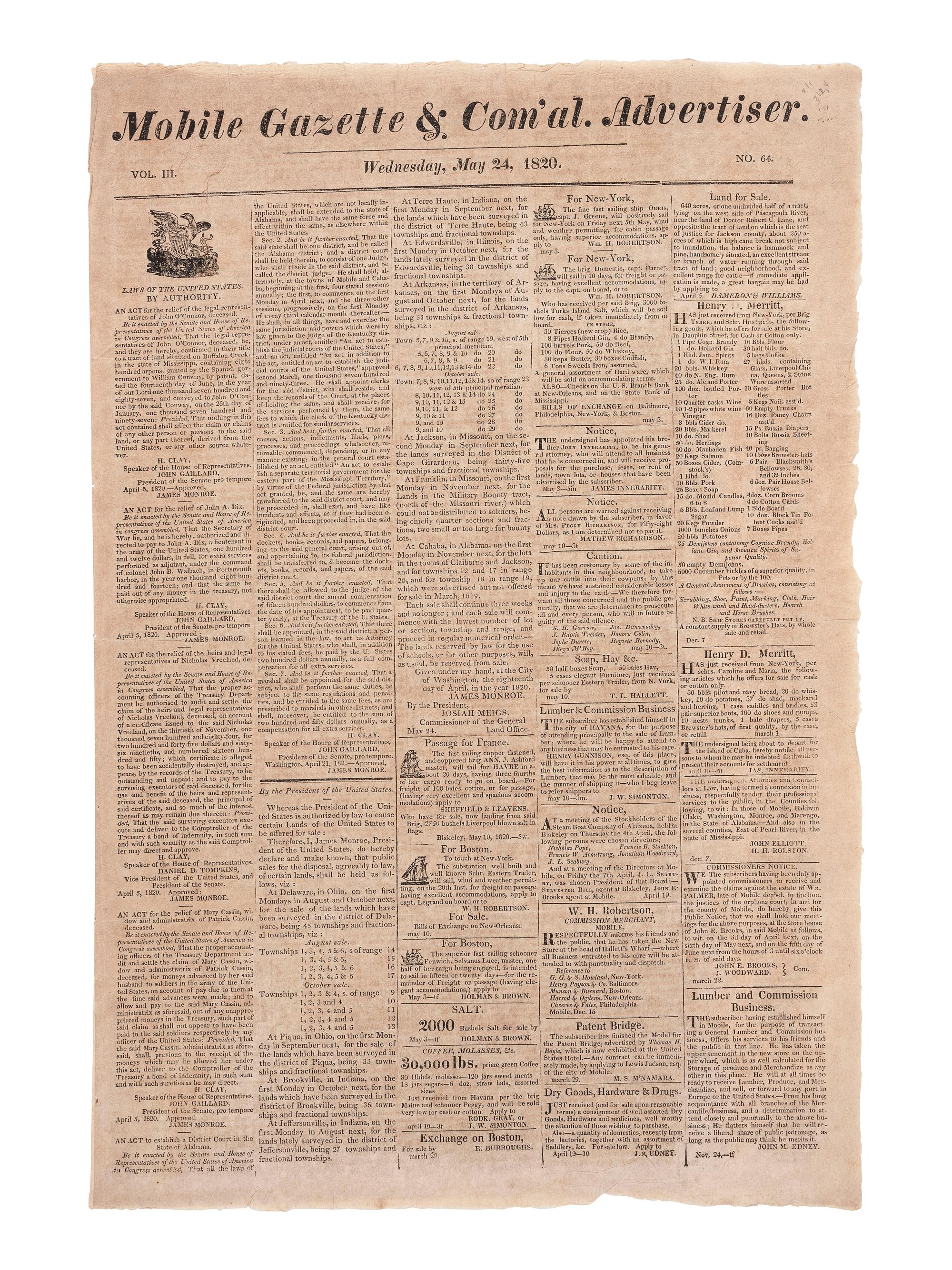 [ALABAMA STATEHOOD - AFRICAN AMERICANA]. Mobile Gazette & Commercial Advertiser. Vol. III, No. 64. Mobile, AL: 24 May 1820.