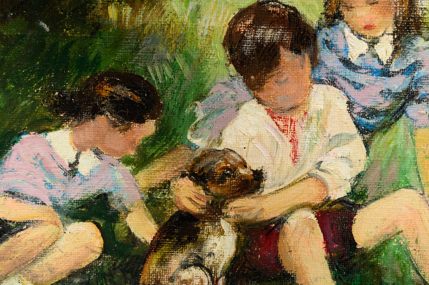 Three Children with a Dog