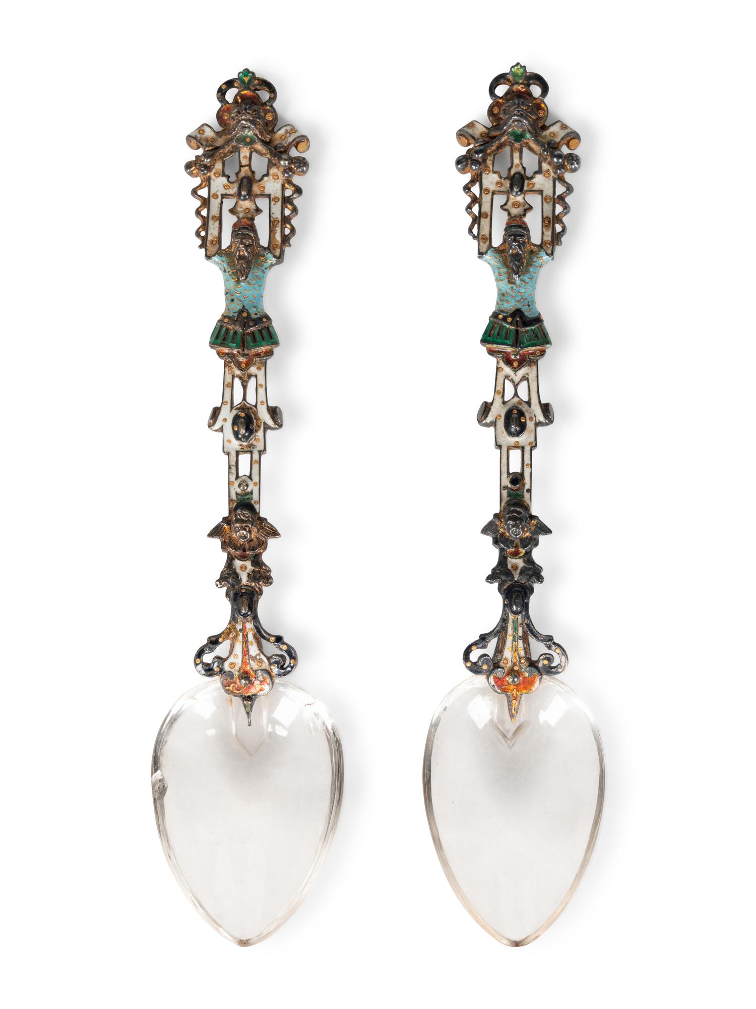 A Viennese Silver-Gilt, Enamel and Rock Crystal Coupe with Two Similar Spoons