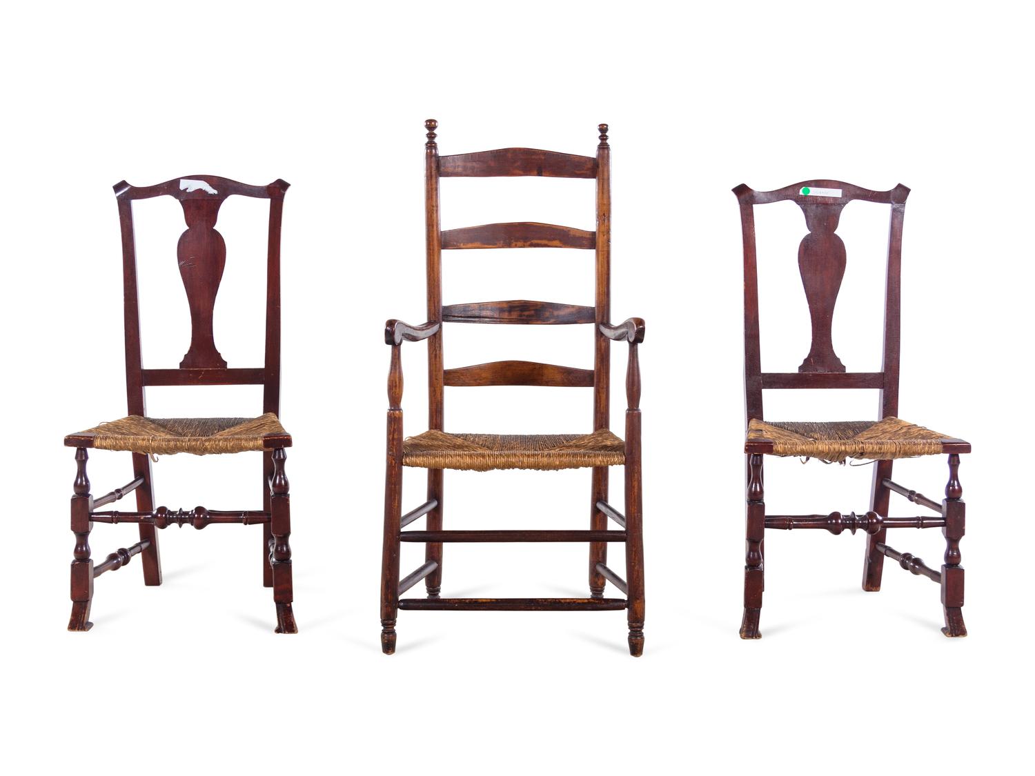 A Pair of American Side Chairs with Woven Seats Together with a Ladder Back Chair