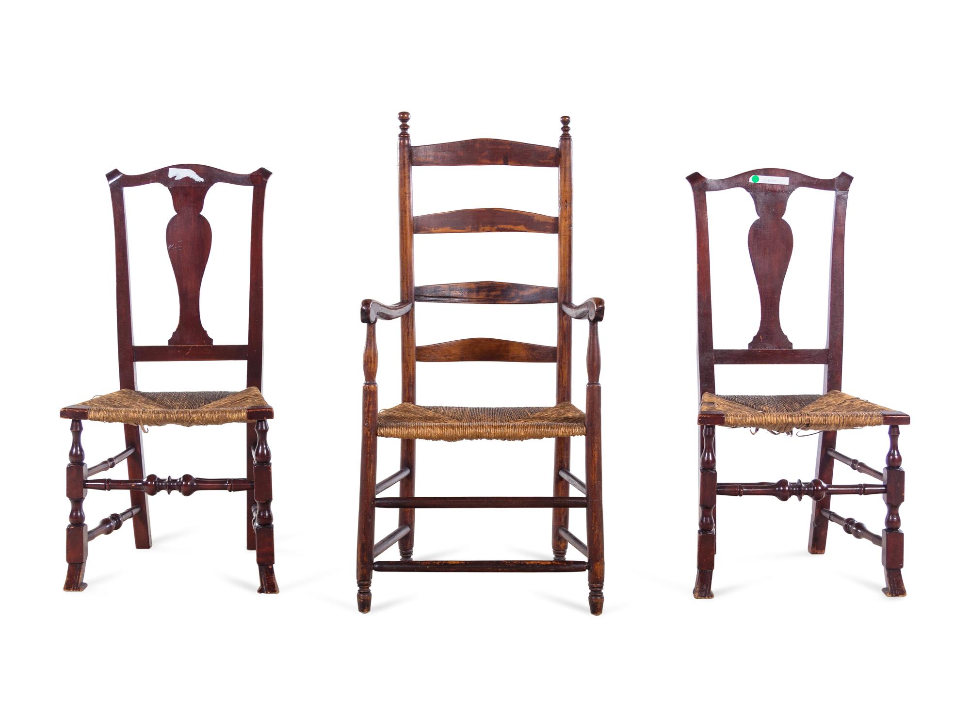 A Pair of American Side Chairs with Woven Seats Together with a Ladder Back Chair