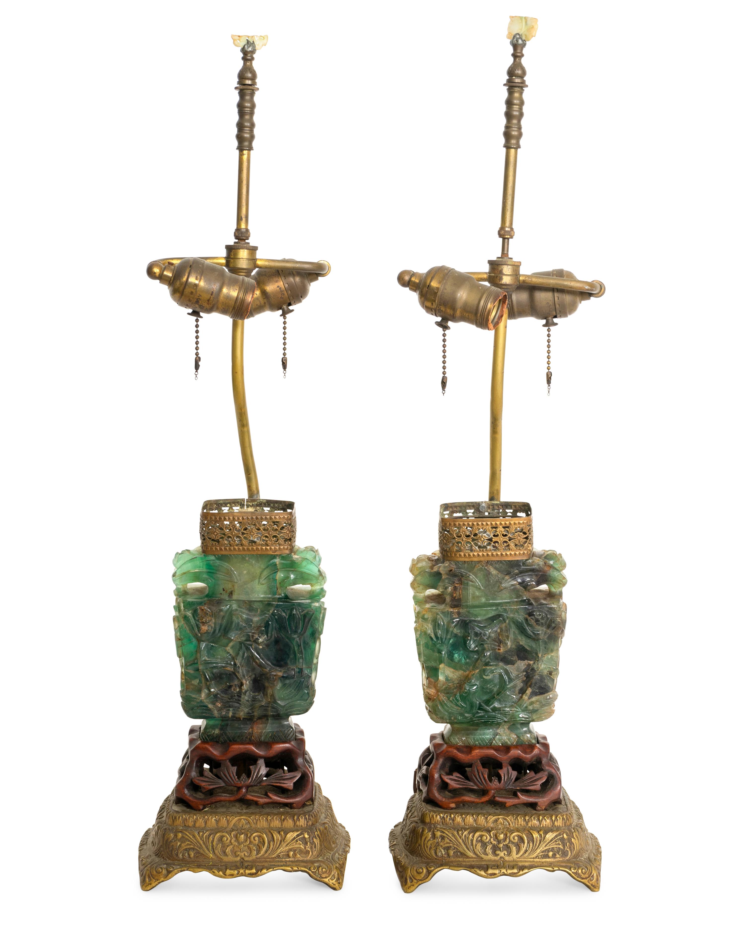 A Pair of Chinese Carved Green Quartz Vases