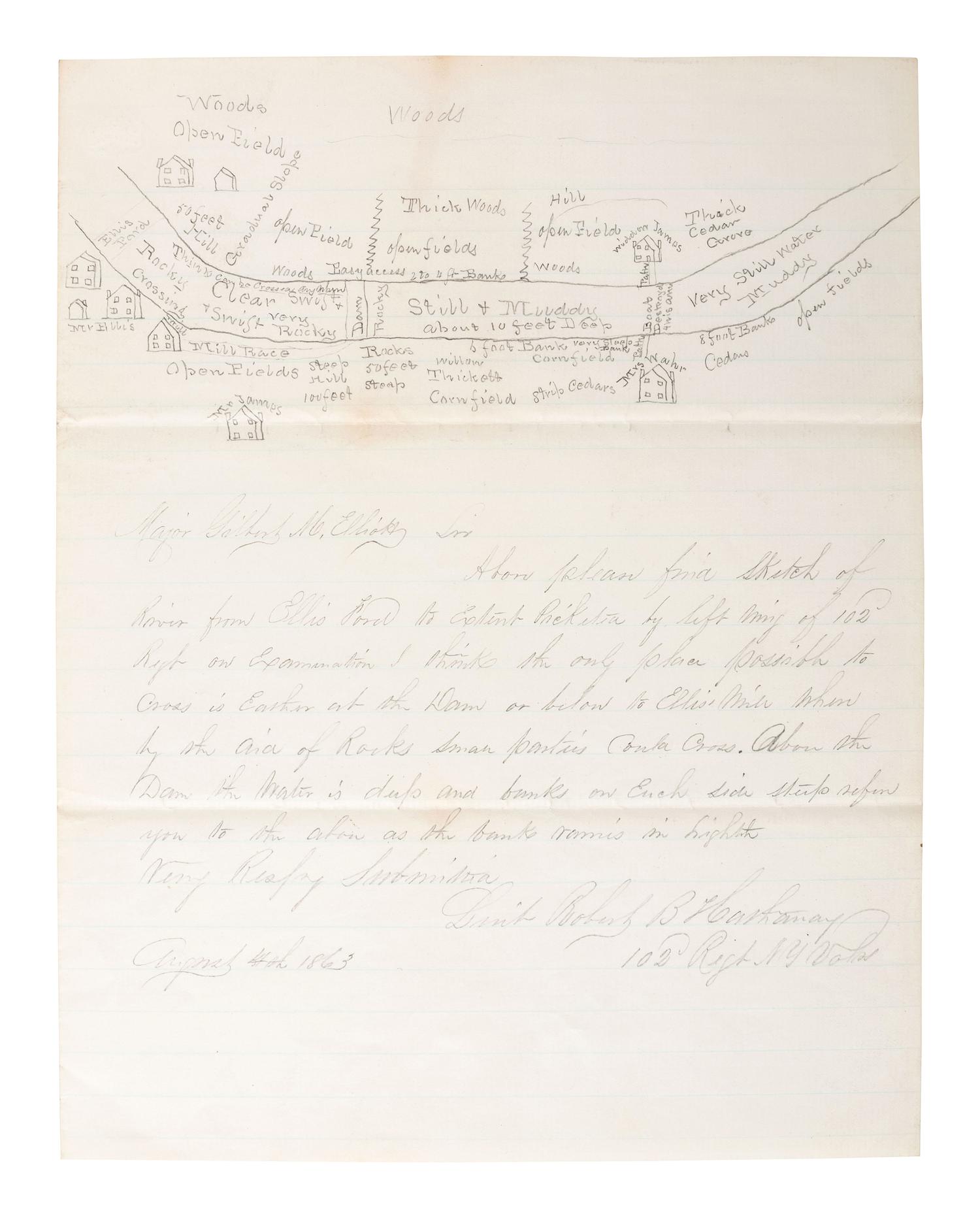 [CIVIL WAR]. War-date letter with hand-drawn map outlining the plan for crossing the river near Ellis's Ford from Lieutenant Robert B. Hathaway, 102nd New York Regiment. 4 August 1863.
