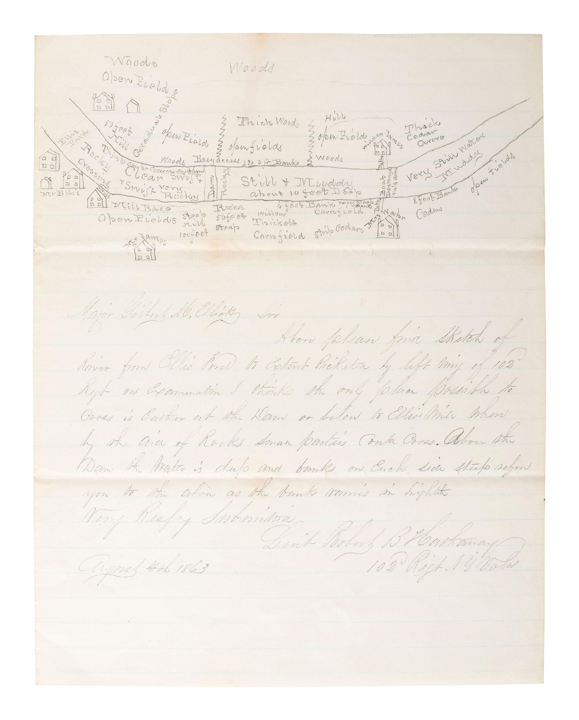 [CIVIL WAR]. War-date letter with hand-drawn map outlining the plan for crossing the river near Ellis's Ford from Lieutenant Robert B. Hathaway, 102nd New York Regiment. 4 August 1863.