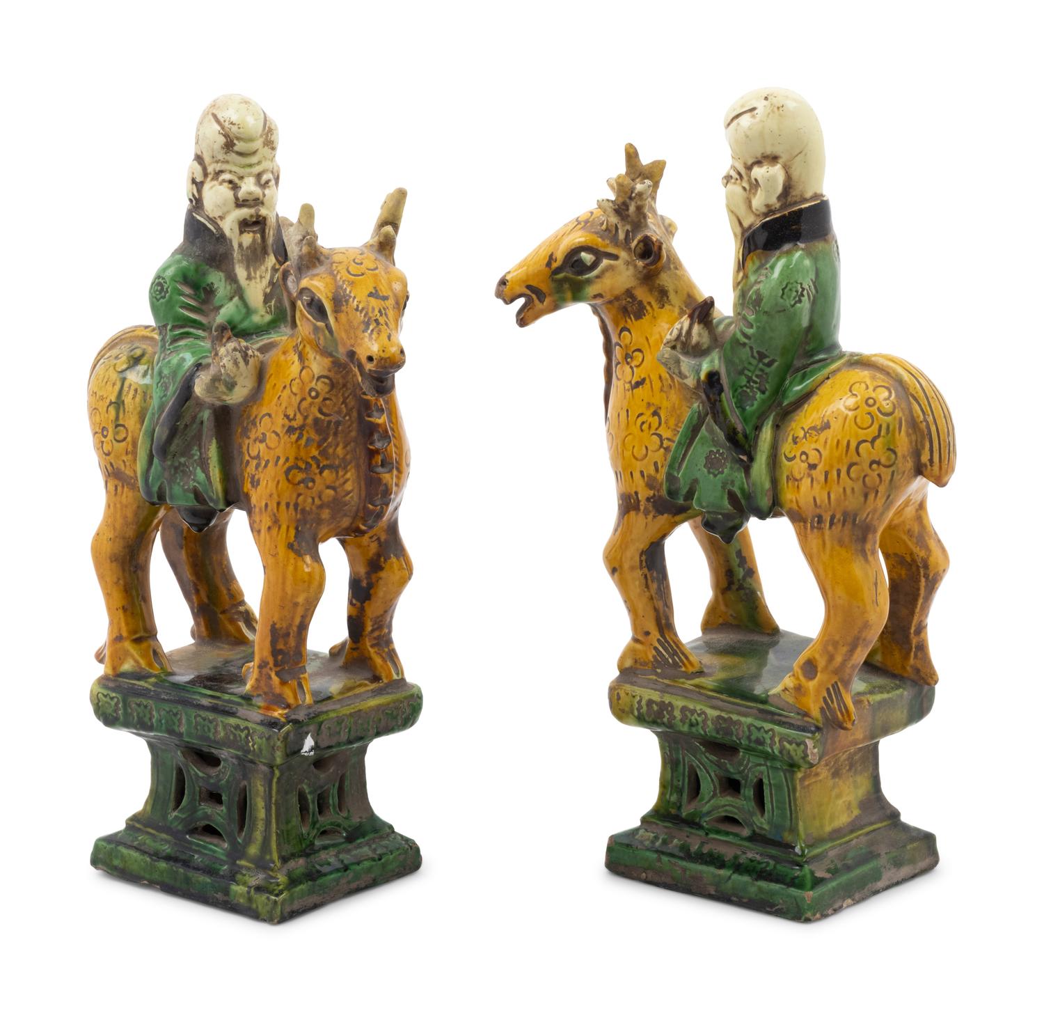 A Pair of Chinese Sancai Glazed Pottery Shoulou Form Censers