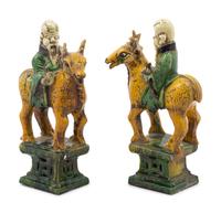 A Pair of Chinese Sancai Glazed Pottery Shoulou Form Censers