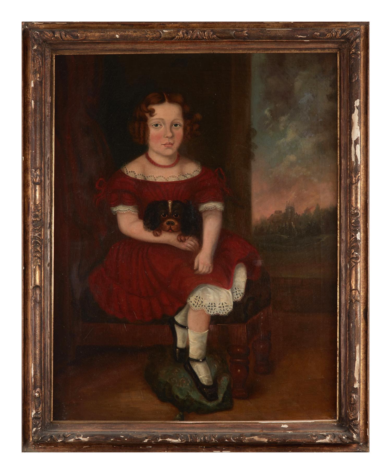 American School 19th Century, Portrait of a Young Girl with a Puppy