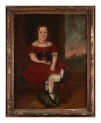 American School 19th Century, Portrait of a Young Girl with a Puppy