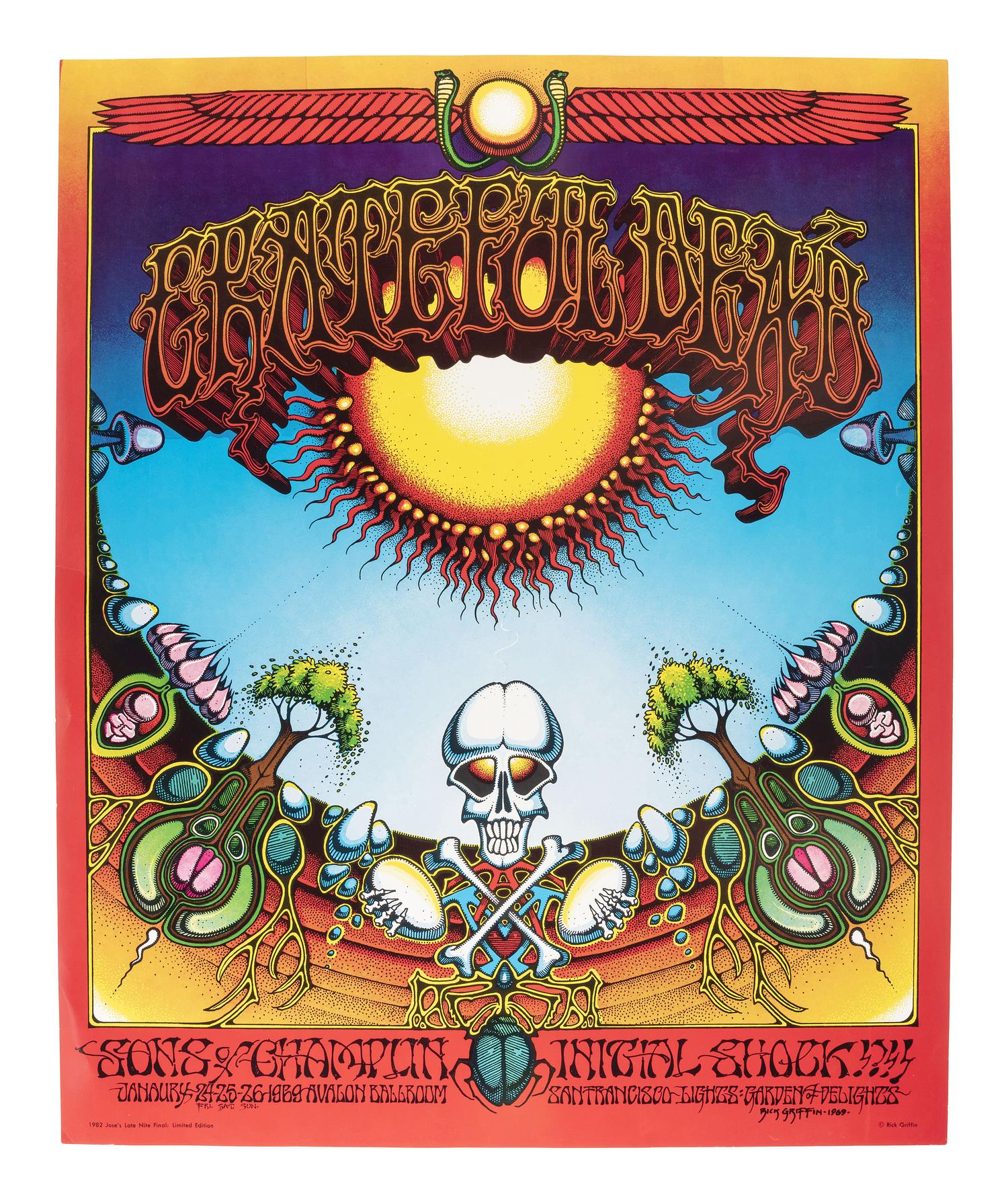 [MUSIC] -- [POSTERS]. A group of 7 posters, most promoting Grateful Dead performances, including artwork by Phillip GARRIS and Rick GRIFFIN, comprising: