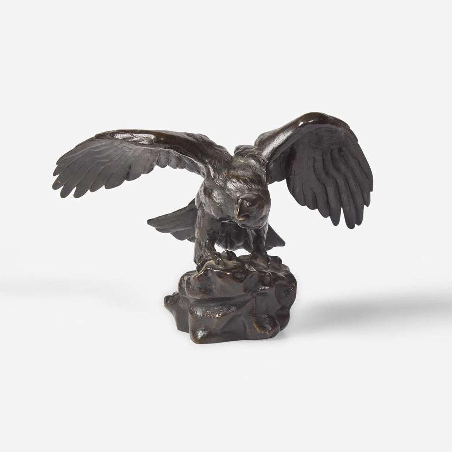 Antoine-Louis Barye (French, 1795-1875) Three Small Works: Eagle with Outstretched Wings, Owl Hunting Rat, and Seated Cat, Cast by Ferdinand Barbedienne (French, 1810-1892), late 19th century