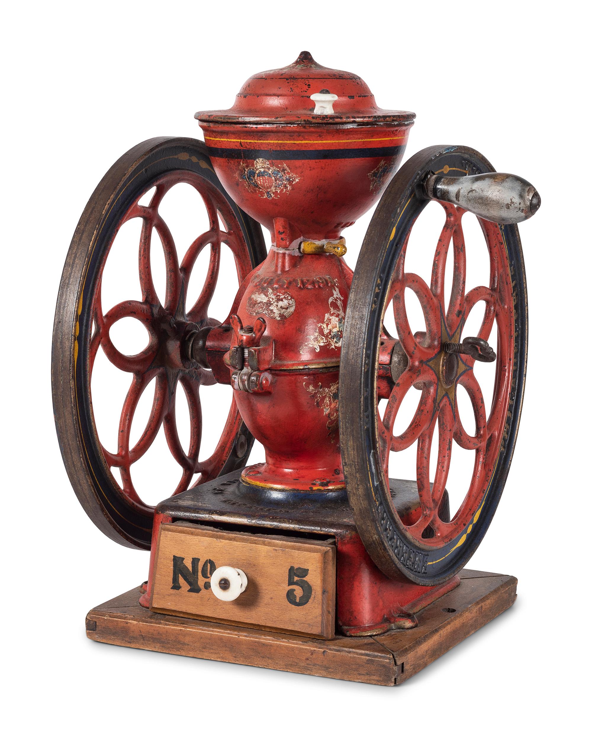 An Enterprise No. 5 Painted and Flag Decorated Cast Iron Coffee Mill
