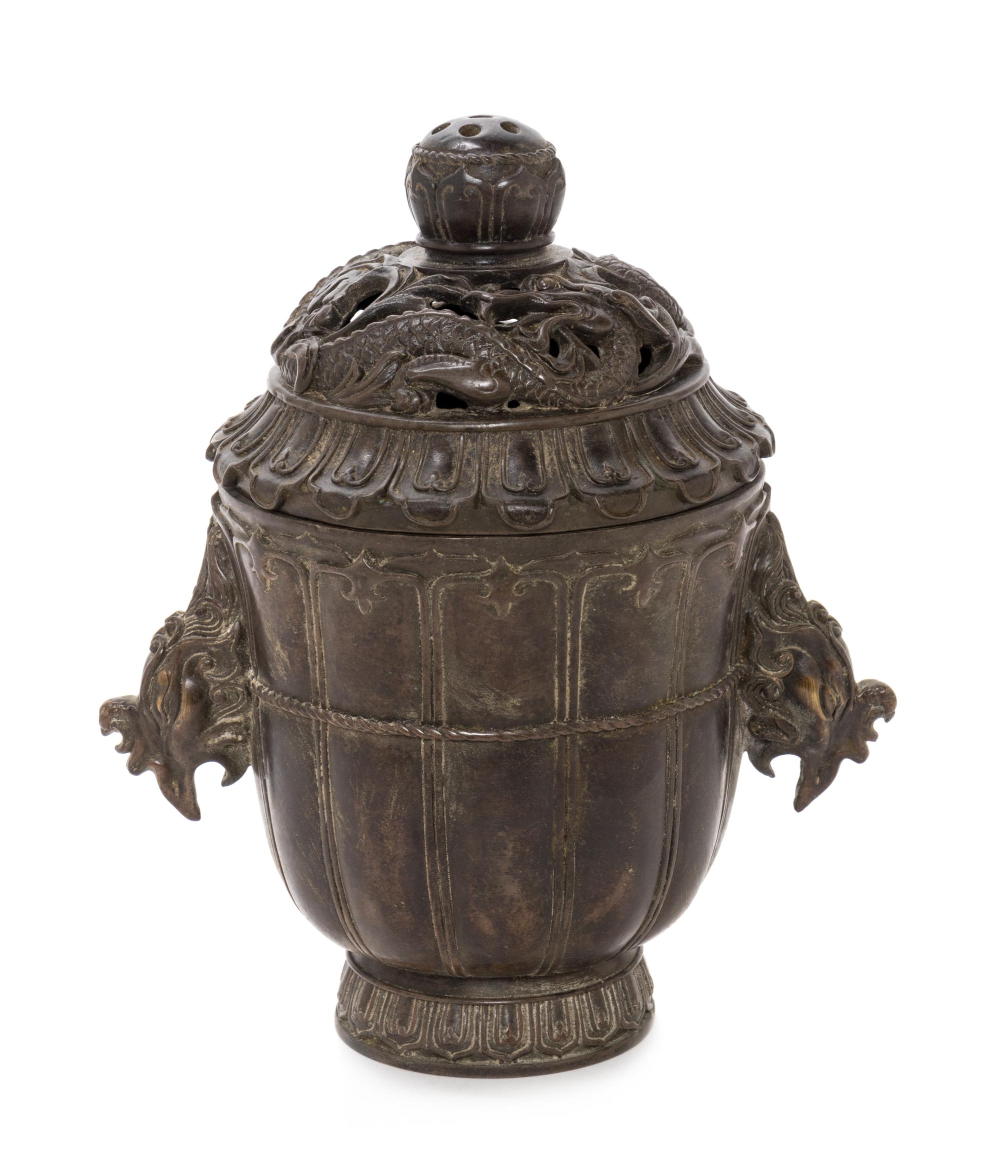 A Chinese Bronze Phoenix-Head Handled Censer and Cover Height 8 inches. — 20TH CENTURY
