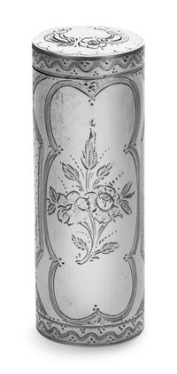 A Dutch Silver Nutmeg Grater, Jan Gijsbert Koen Jr., Rhenen, 1876, of cylindrical form, the hinged lid opening with a side panel reveal