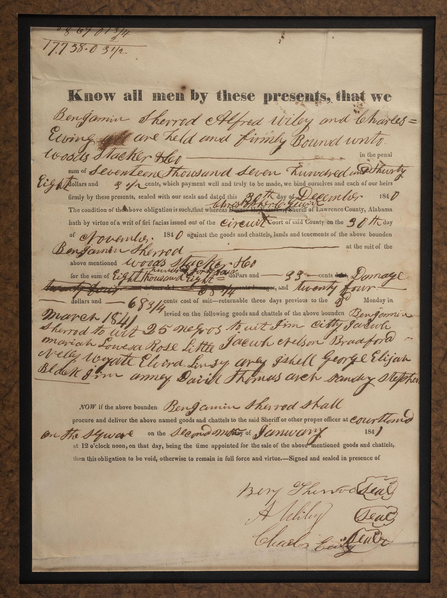 [ENSLAVEMENT & ABOLITION]. Partly printed document identifying 24 enslaved men, women, and children to be sold at auction. Lawrence County, Alabama, 30 December 1840.