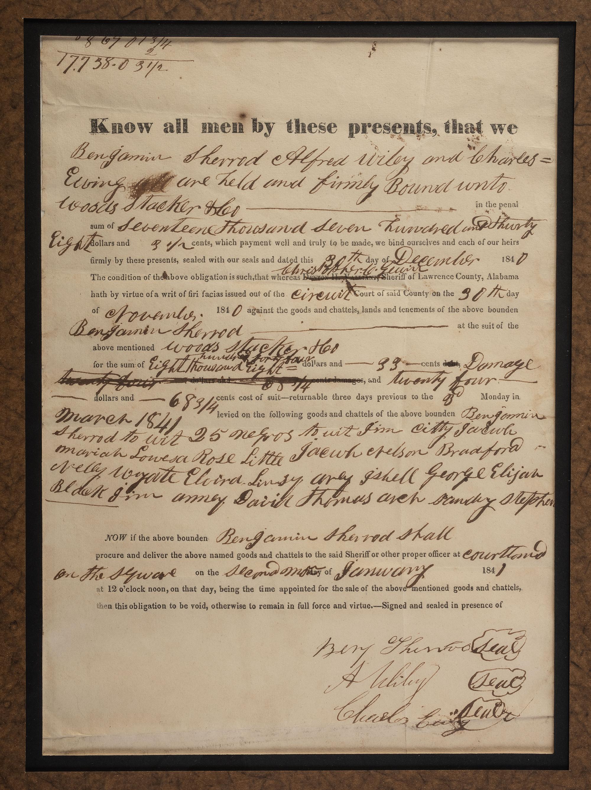 [ENSLAVEMENT & ABOLITION]. Partly printed document identifying 24 enslaved men, women, and children to be sold at auction. Lawrence County, Alabama, 30 December 1840.