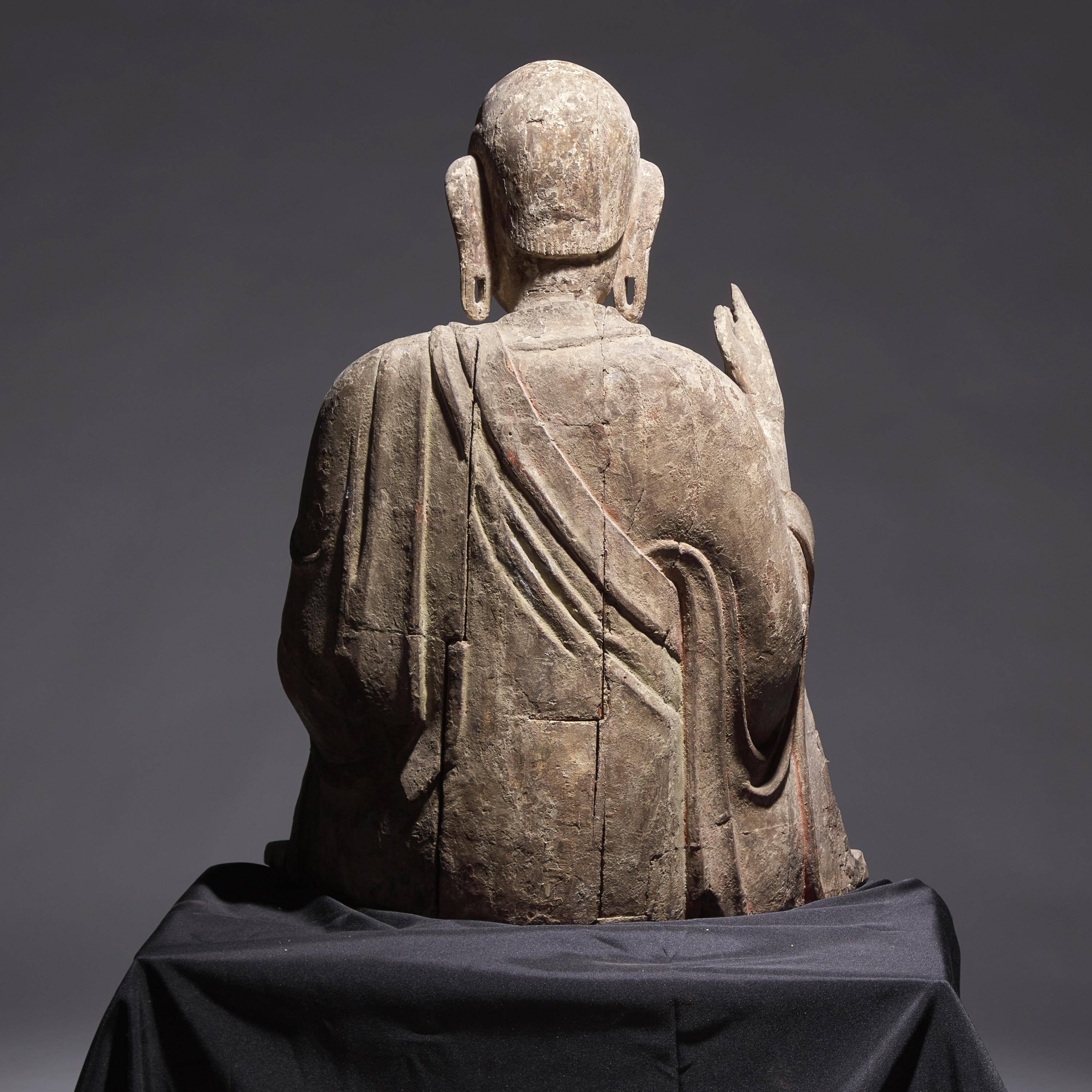 A Large Chinese Carved Wood Seated Figure of Luohan, Ming Dynasty 明 木雕大羅漢像