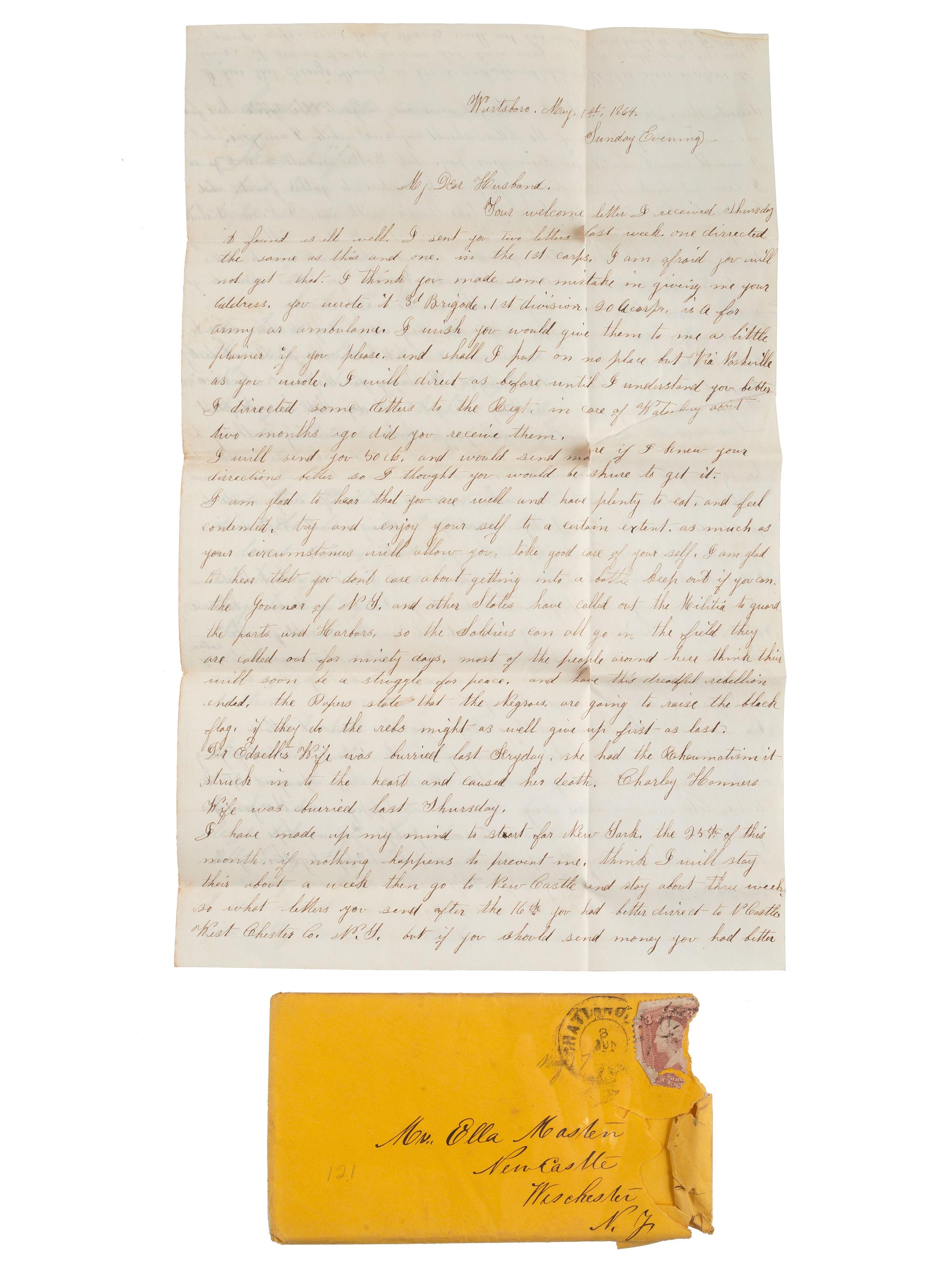 [CIVIL WAR]. Extensive letter archive of Private David W. Masten, Co. E, New York 143rd Infantry, musician, private, and member of the Ambulance Corps.