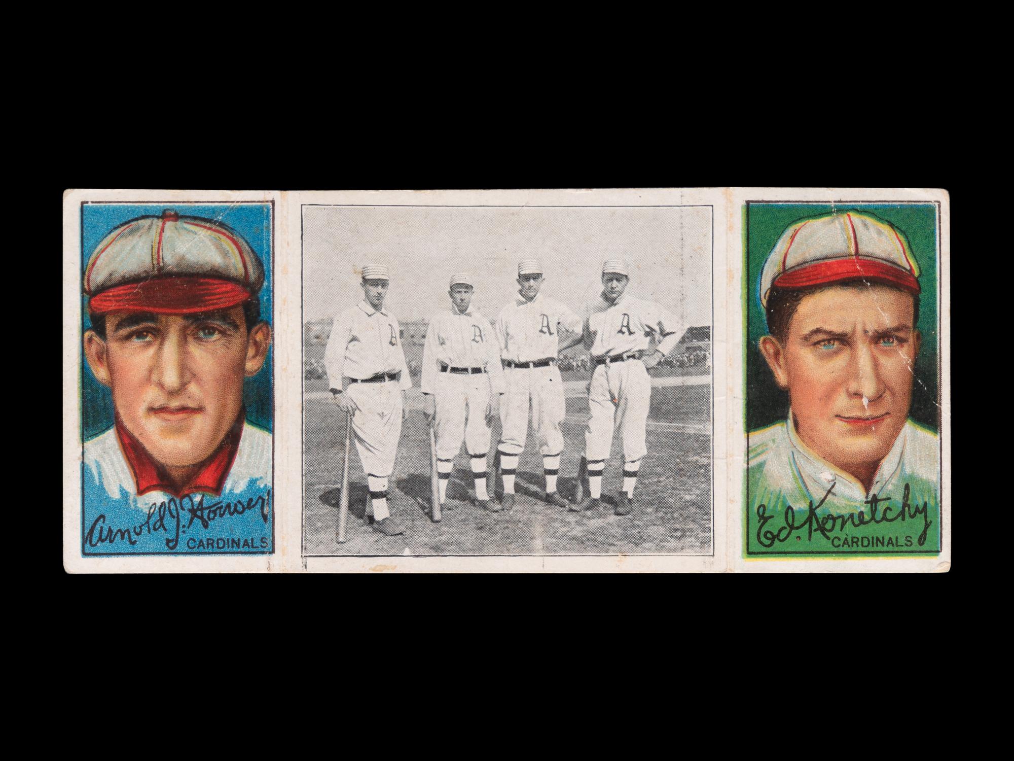 A 1912 T202 Hassan Triple Folder Edward Konetchy / Arnold Hauser / The Athletic Infield Baseball Card