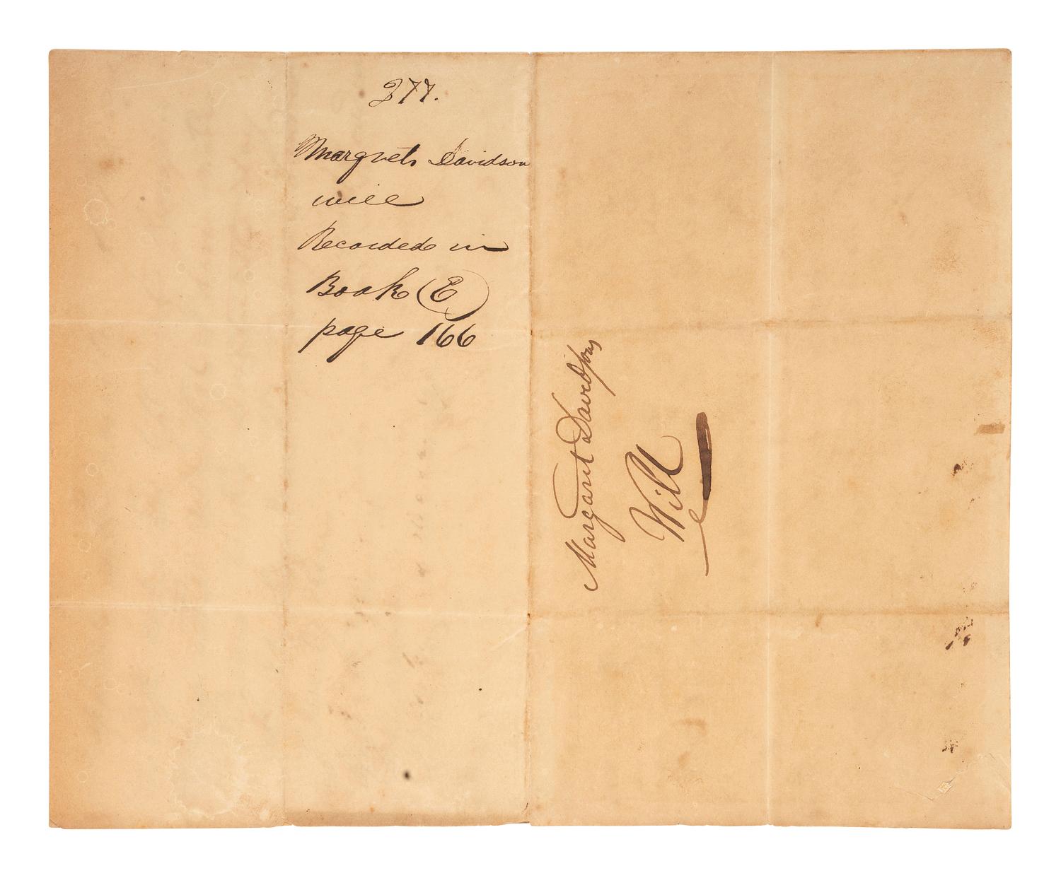 [ENSLAVEMENT & ABOLITION]. Manuscript will of Margaret Davidson bequeathing 4 identified enslaved peoples to her children. N.p., possibly Alabama or Tennessee, 25 December 1839.