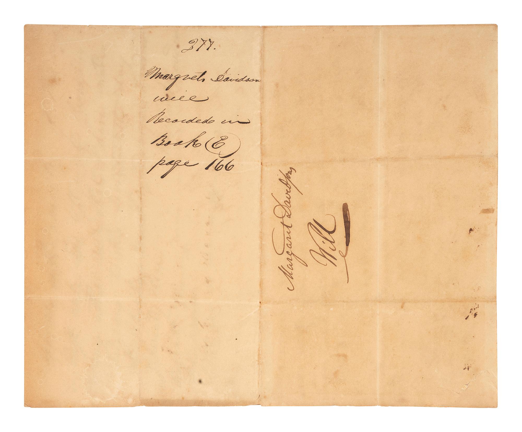 [ENSLAVEMENT & ABOLITION]. Manuscript will of Margaret Davidson bequeathing 4 identified enslaved peoples to her children. N.p., possibly Alabama or Tennessee, 25 December 1839.