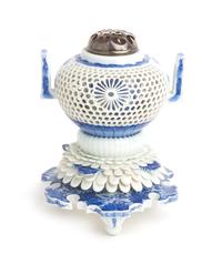 A Japanese Blue and White Porcelain Reticulated Incense Burner, Hirado Height 6 1/2 inches. — 19TH CENTURY