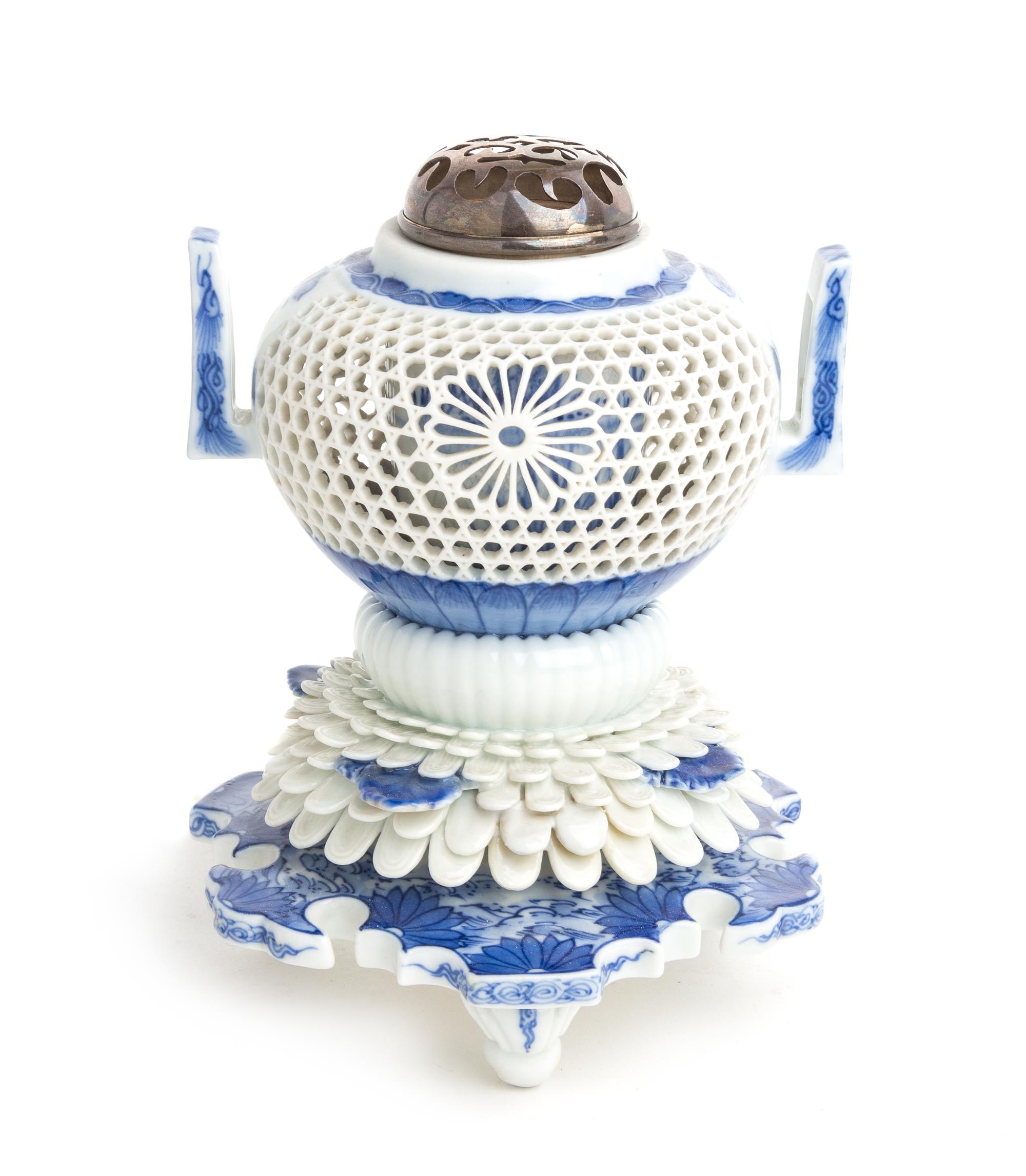 A Japanese Blue and White Porcelain Reticulated Incense Burner, Hirado Height 6 1/2 inches. — 19TH CENTURY