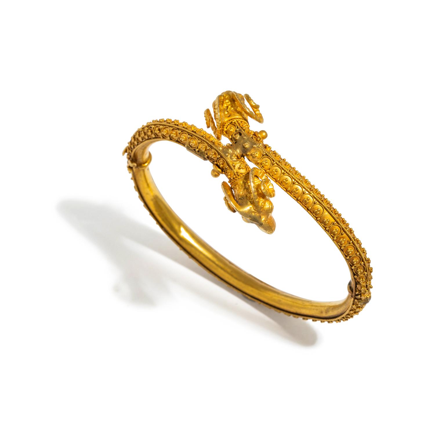 ANTIQUE, YELLOW GOLD RAM'S HEAD BANGLE BRACELET