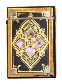 A Victorian Lacquered and Mother-of-Pearl Inset Card Case, Height 4 3/8 inches.