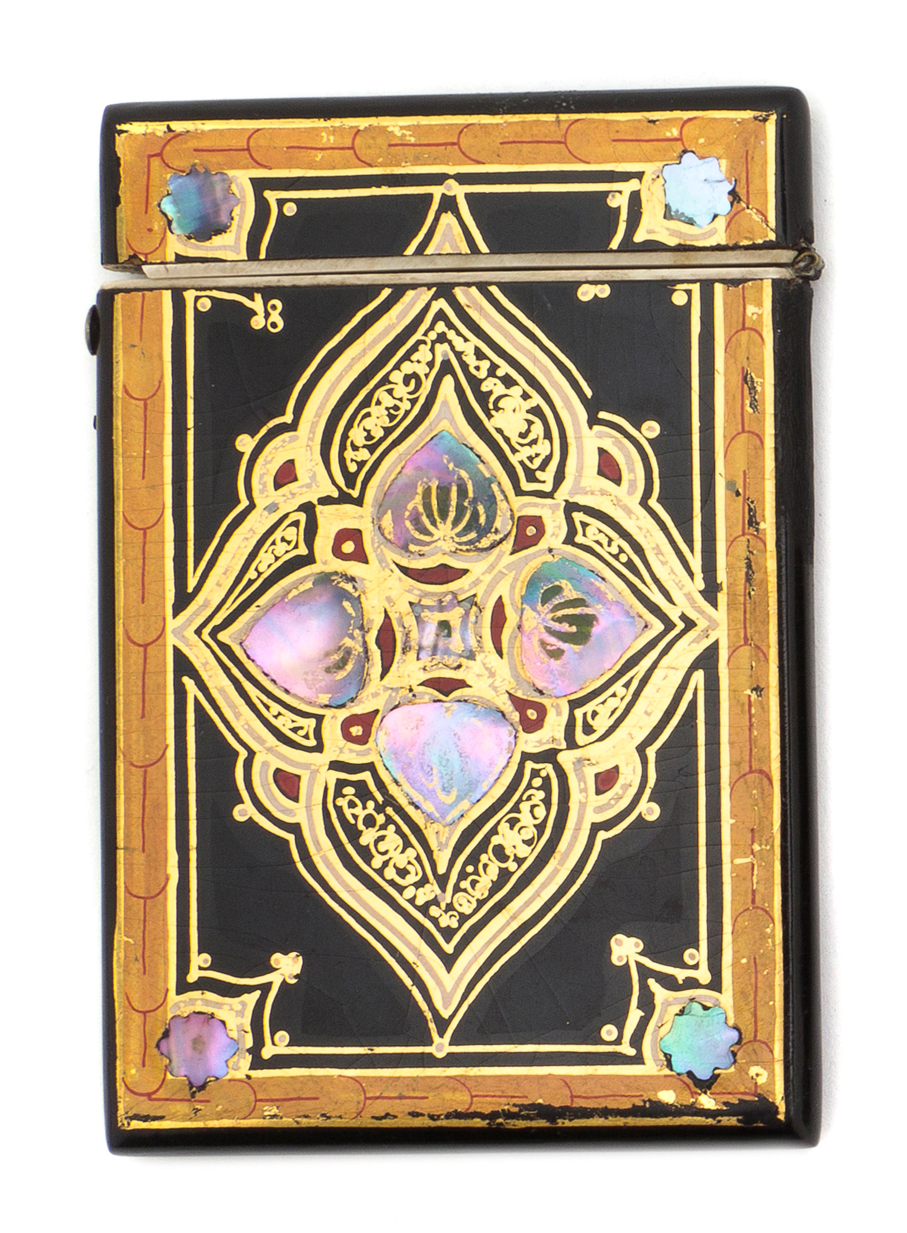 A Victorian Lacquered and Mother-of-Pearl Inset Card Case, Height 4 3/8 inches.