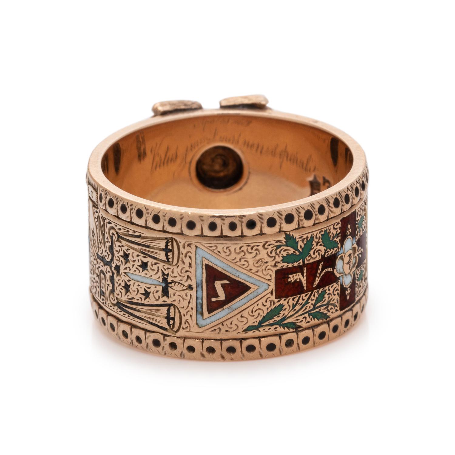 VICTORIAN, ROSE GOLD AND POLYCHROME ENAMEL MASONIC RING