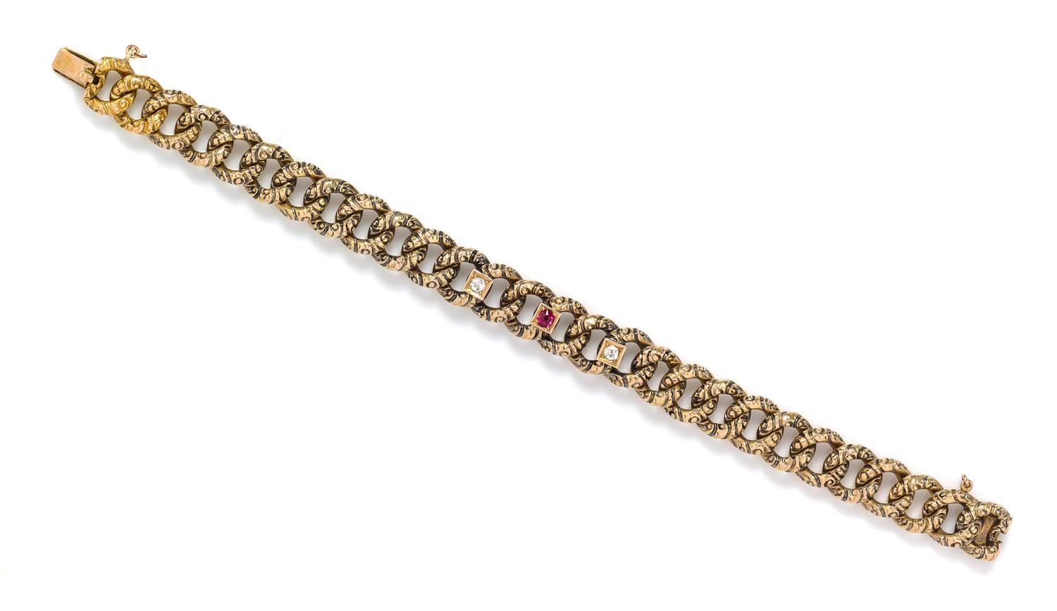 An Antique Yellow Gold Ruby and Diamond Gourmette Link Bracelet, 10.20 dwts.