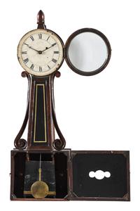 A Federal Eglomise Inset Mahogany Banjo Clock with Scroll Sides