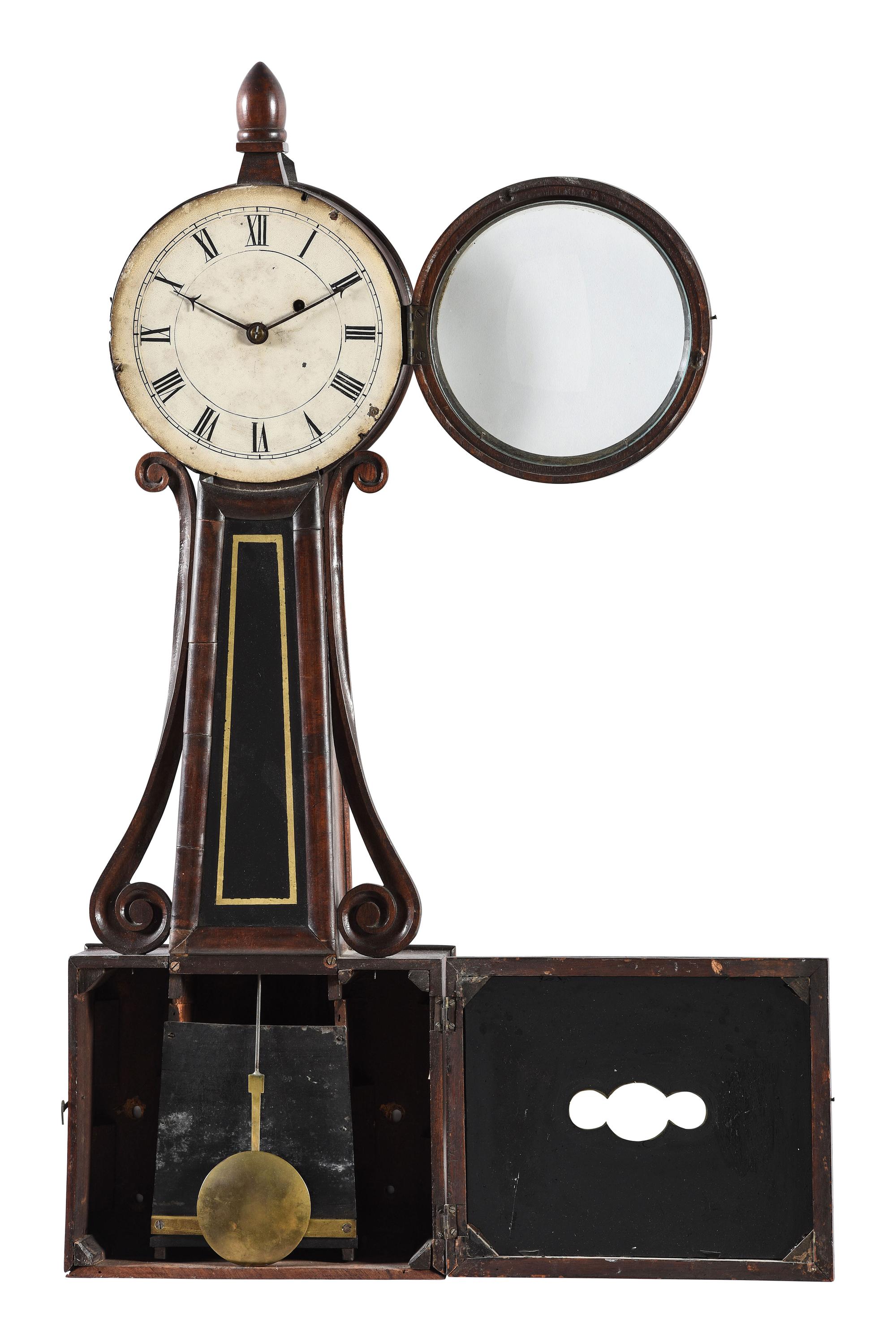 A Federal Eglomise Inset Mahogany Banjo Clock with Scroll Sides