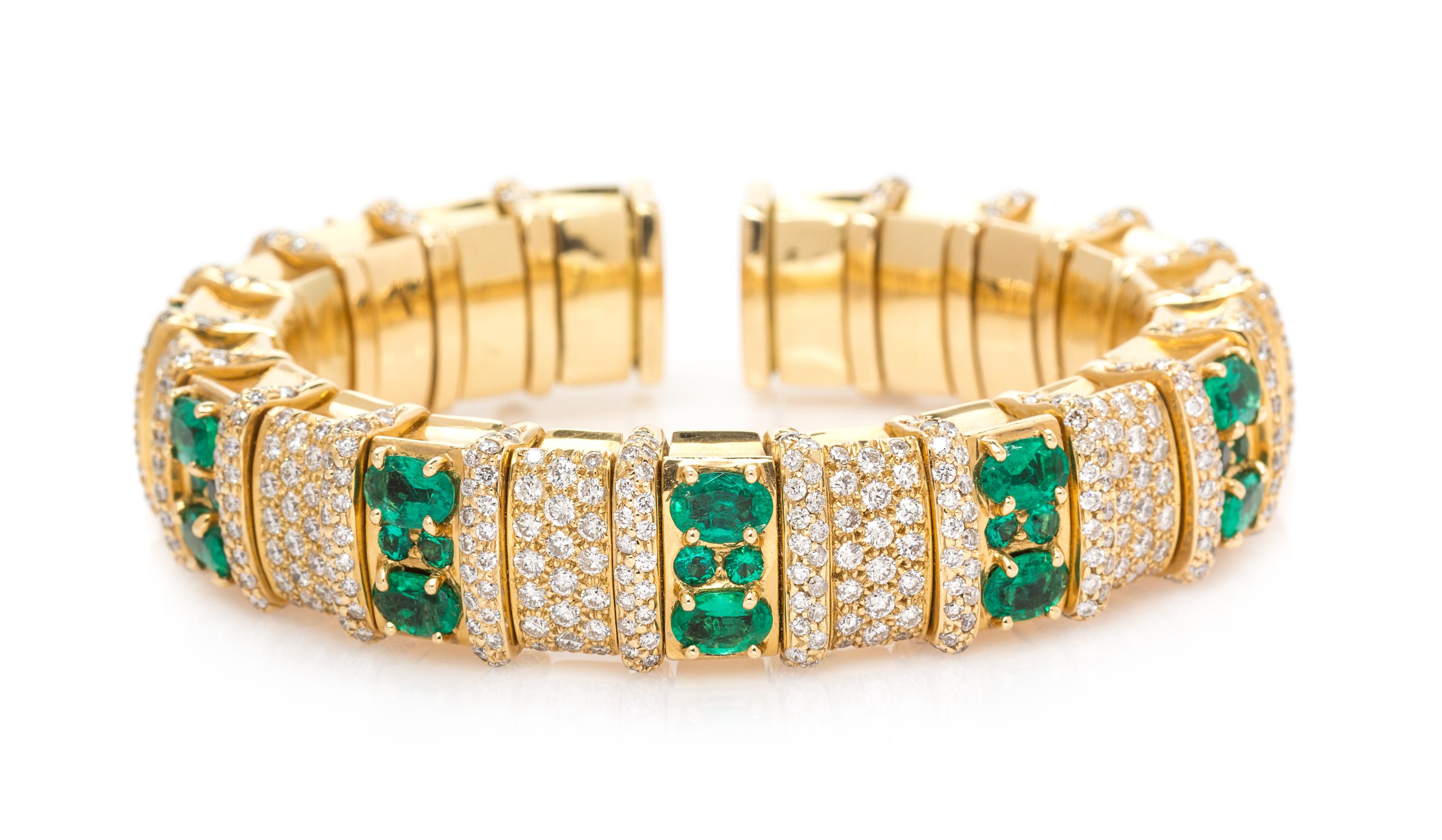 An 18 Karat Yellow Gold, Emerald and Diamond Flexible Cuff Bracelet, 65.65 dwts.
