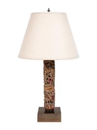 A Chinese Pierce Carved, Painted and Gilt Wood Lamp with a Linen Shade