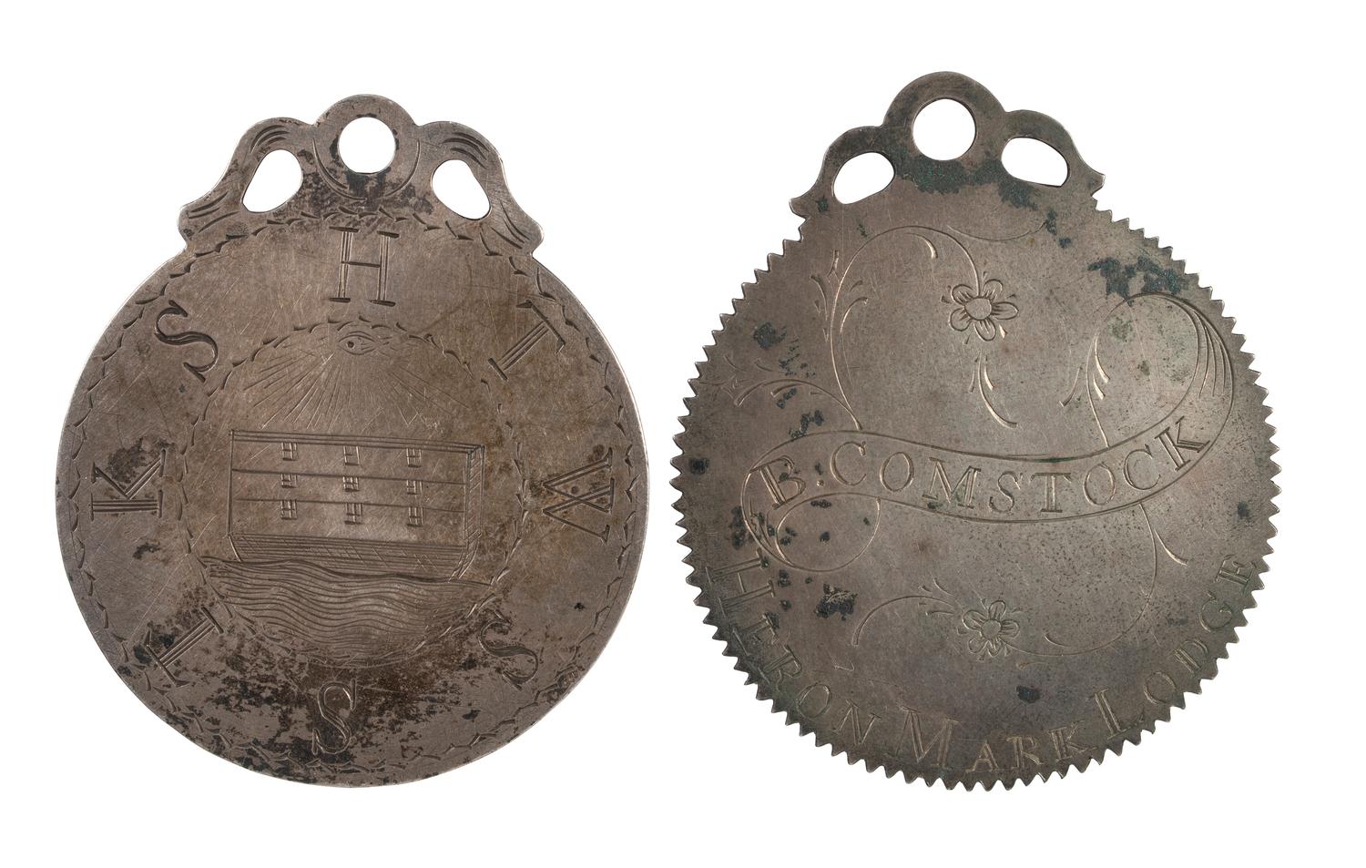 [FRATERNAL ORGANIZATIONS]. Pair of Masonic Master Mark medals from the Heron Mark Lodge. Ca early 19th century.