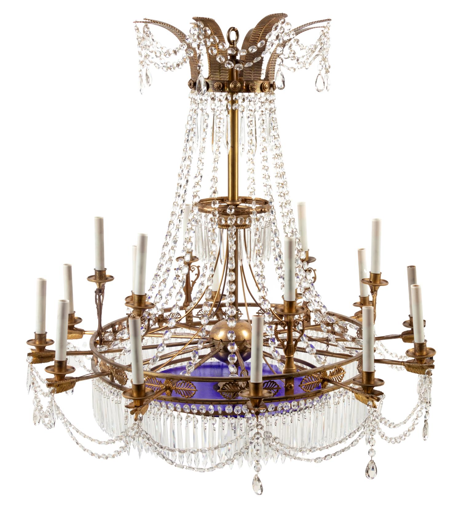 A Russian Gilt Bronze, Cobalt Blue and Clear Glass Chandelier