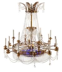 A Russian Gilt Bronze, Cobalt Blue and Clear Glass Chandelier