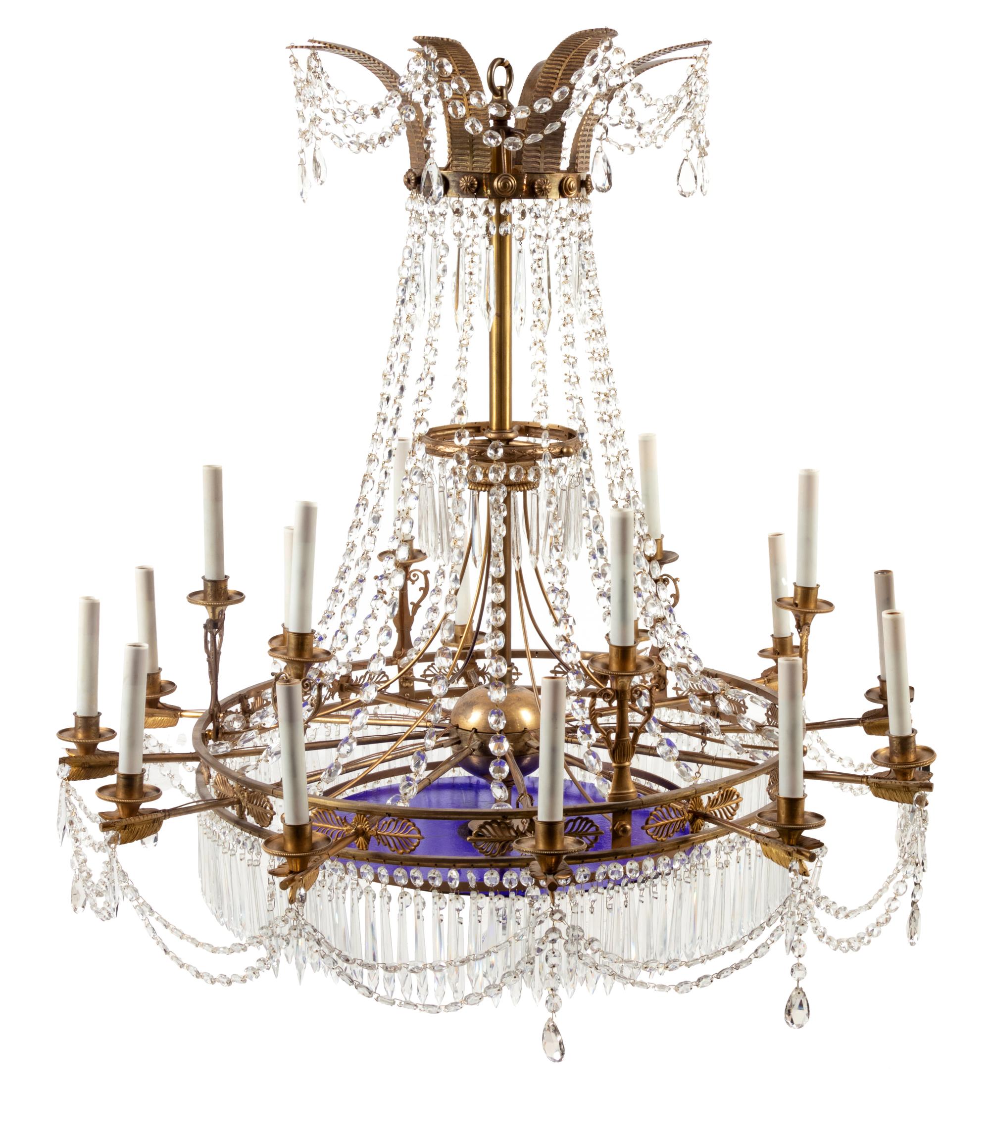 A Russian Gilt Bronze, Cobalt Blue and Clear Glass Chandelier