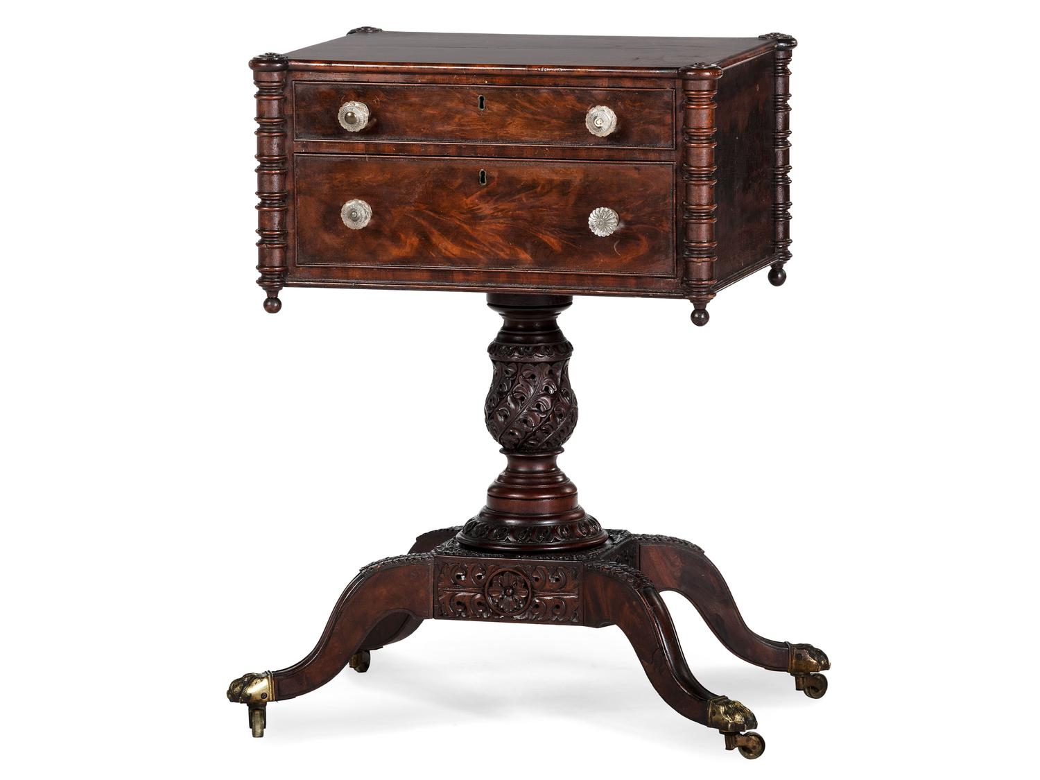 A Classical Carved and Figured Mahogany Pressed Glass Mounted Two-Drawer Work Stand