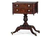 A Classical Carved and Figured Mahogany Pressed Glass Mounted Two-Drawer Work Stand
