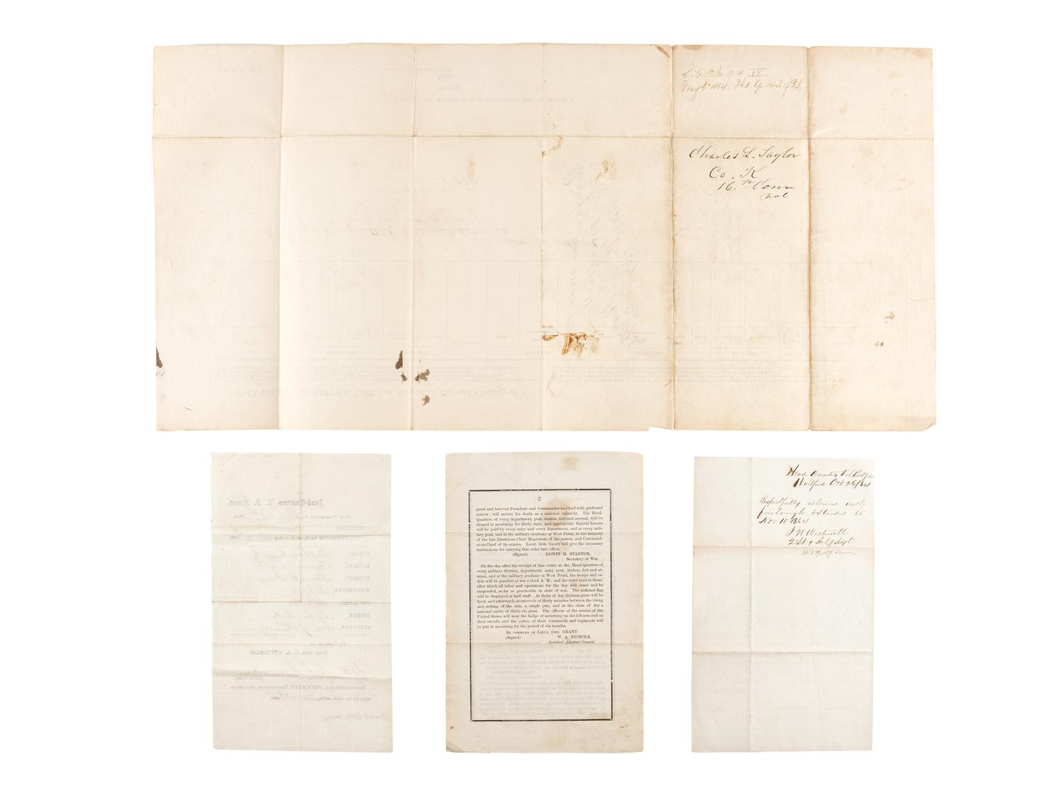 [CIVIL WAR]. Knapsack with contents carried by Private Charles L. Taylor, Company K, 16th Connecticut Volunteer Infantry.