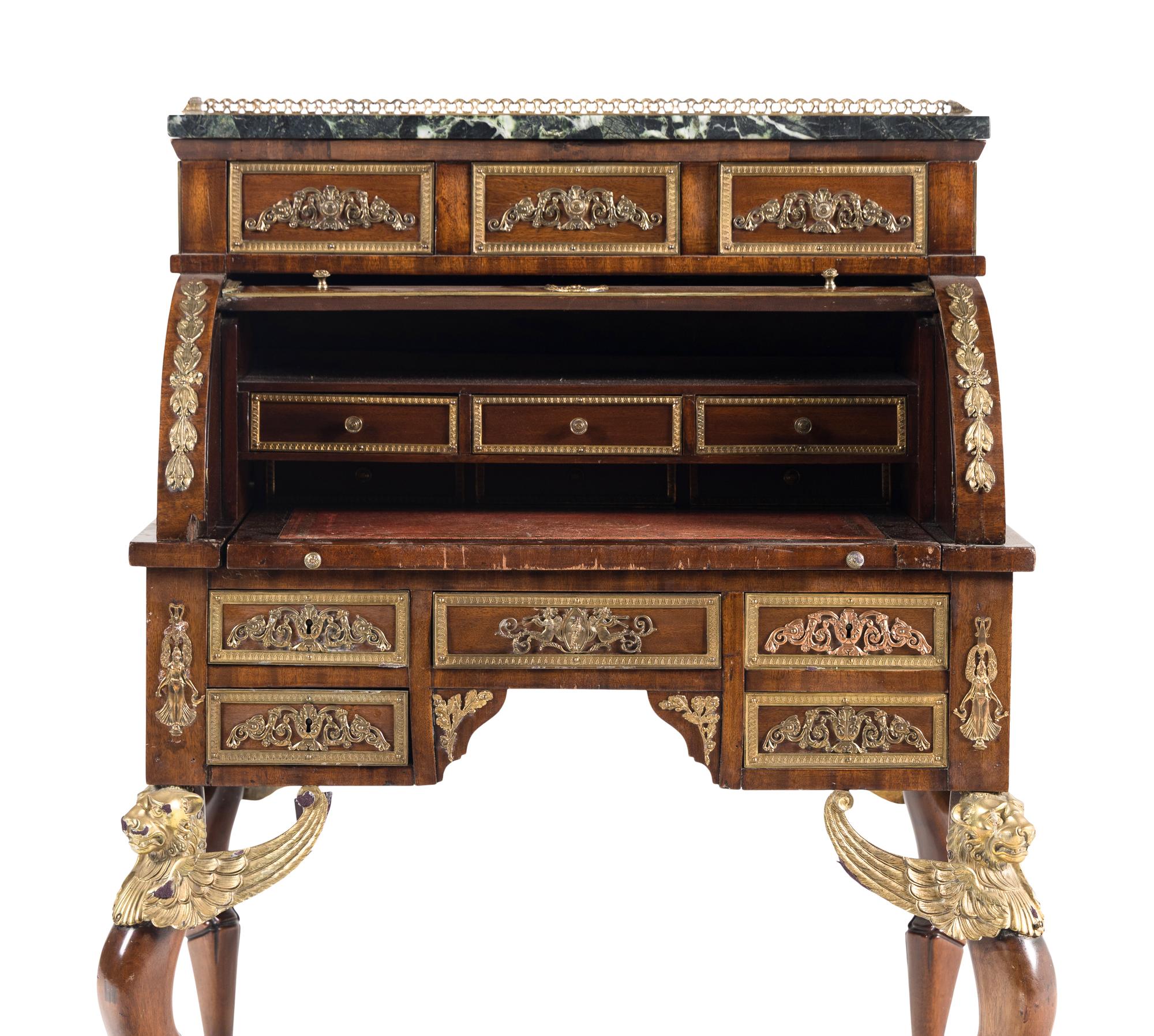 An Empire Style Gilt Metal Mounted Mahogany Bureau à Cylindre